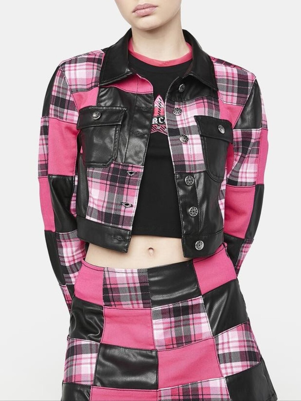 DOLLSKILL Pink Plaid Patchwork Cropped Jacket - Women